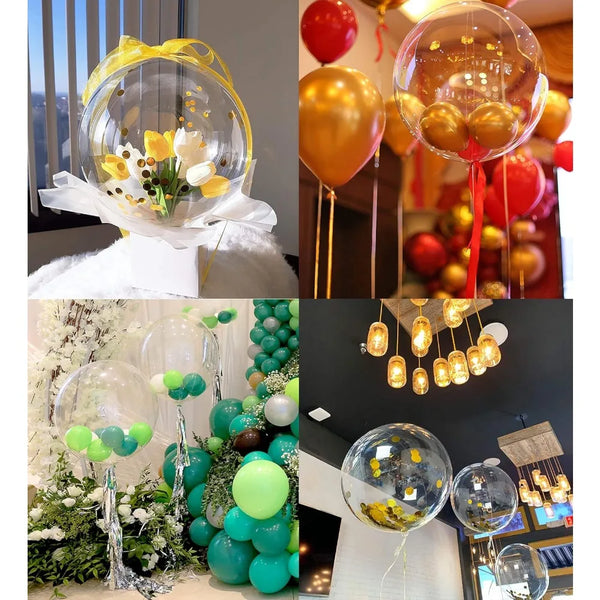 A collection of large clear bubble balloons in various colors including gold, red, and green for party decorations.