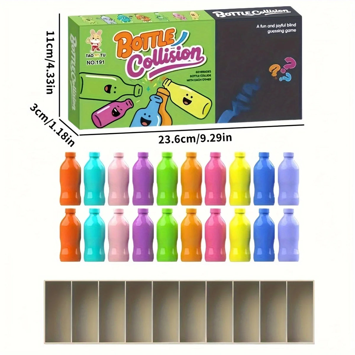 A set of colorful plastic bottles used for a bottle collision guessing game with matching colors