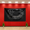 A black banner featuring a stylized logo and the word sleep displayed on a red wall.