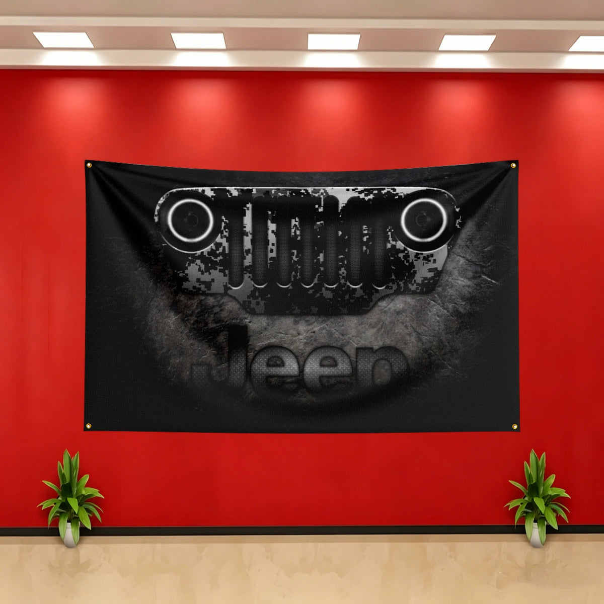 A black banner featuring a stylized logo and the word sleep displayed on a red wall.