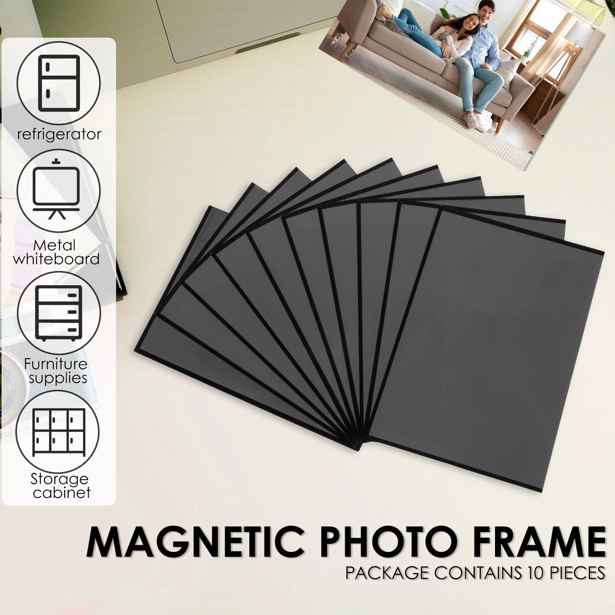 A set of ten magnetic photo frames in black for use on a refrigerator or cabinet.