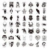 A collection of black and white gothic graffiti stickers featuring skulls, demons, and dark imagery.