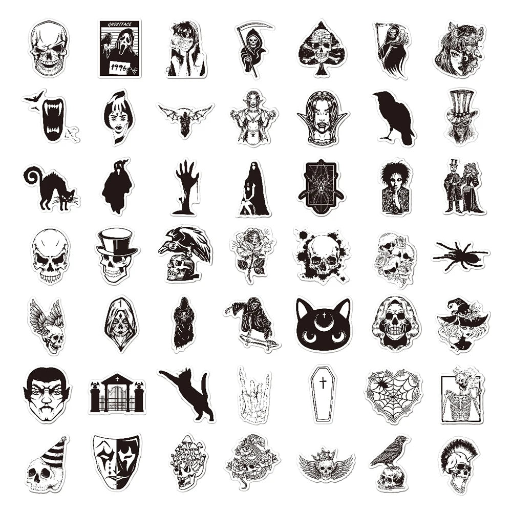 A collection of black and white gothic graffiti stickers featuring skulls, demons, and dark imagery.