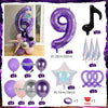 A set of purple and silver balloons, including a number balloon column, star balloons, and various colored balloons.