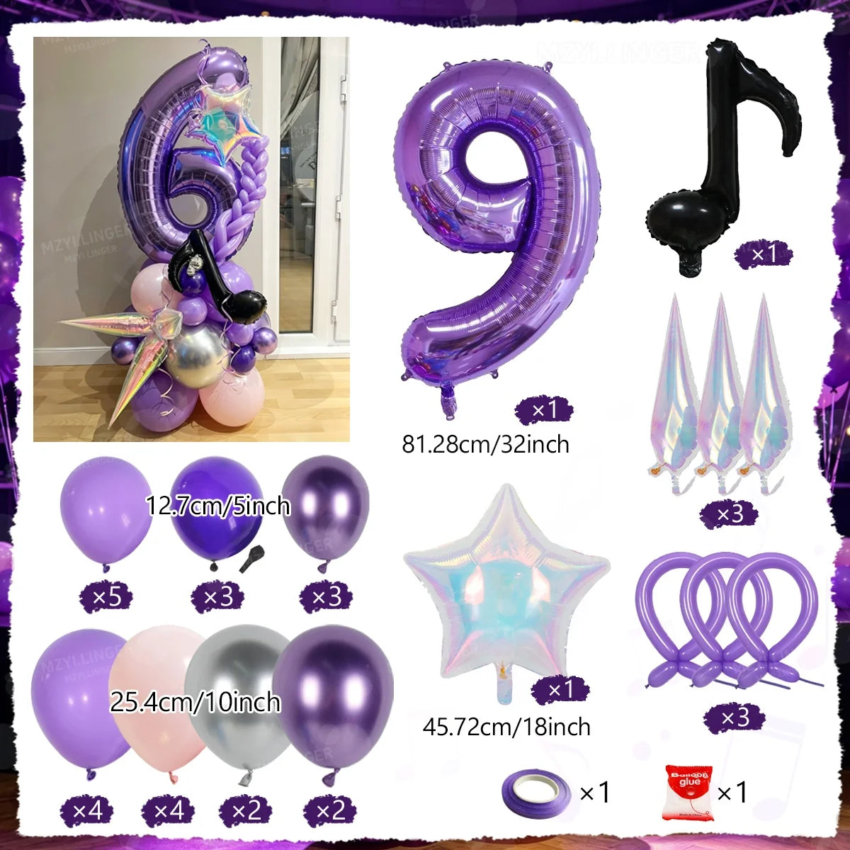 A set of purple and silver balloons, including a number balloon column, star balloons, and various colored balloons.