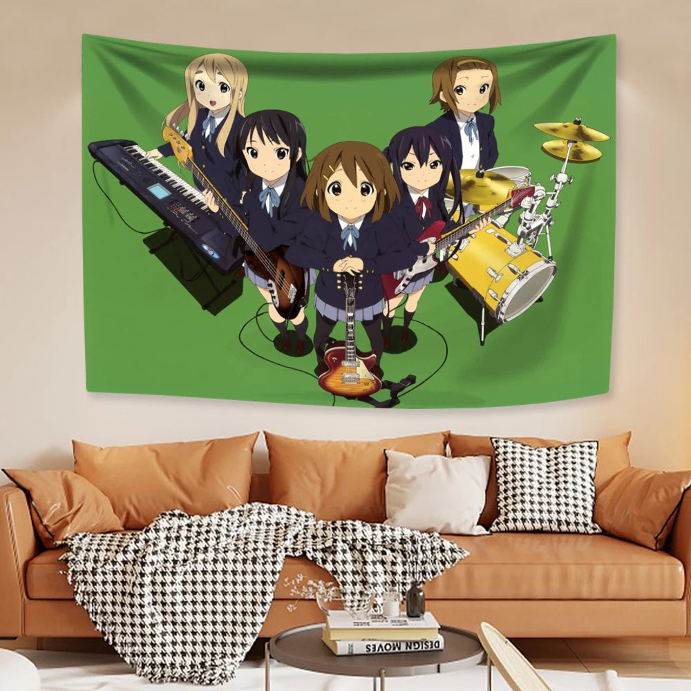 A tapestry featuring characters from K-ON! anime in a vibrant green background.