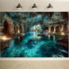 An immersive blue cave scene with flowing water and rock formations used as a backdrop for photography.