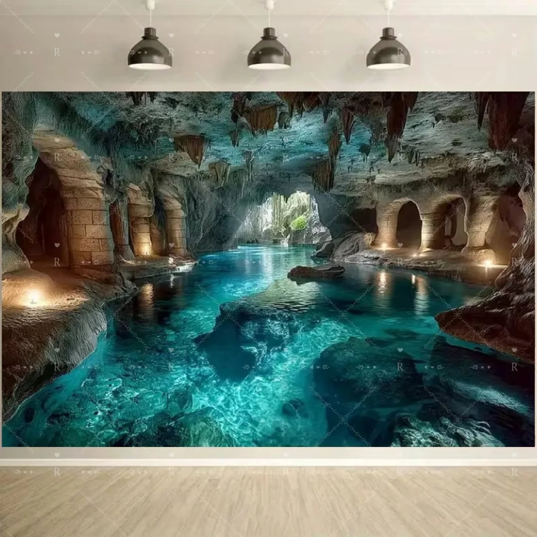 An immersive blue cave scene with flowing water and rock formations used as a backdrop for photography.