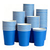 A stack of blue and white striped disposable paper cups.