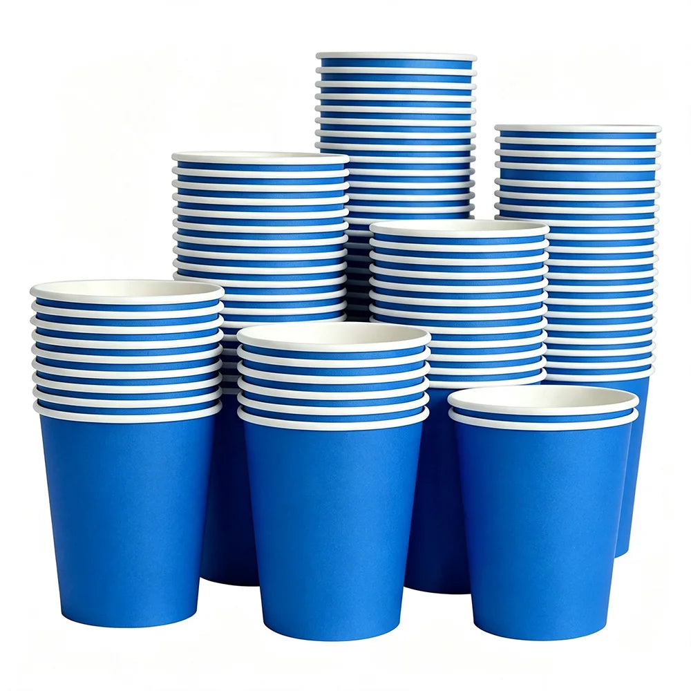A stack of blue and white striped disposable paper cups.