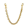 A gold-colored paperclip chain bag strap with a lobster clasp is displayed against a white background.