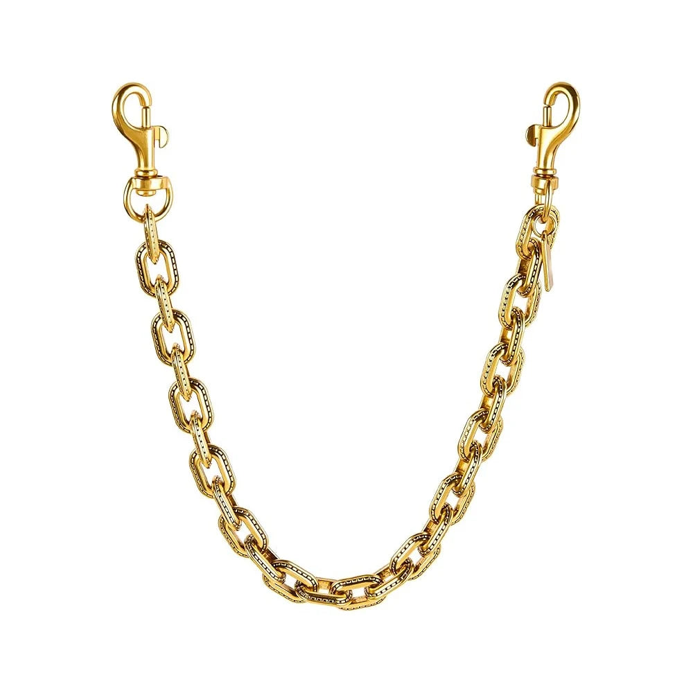 A gold-colored paperclip chain bag strap with a lobster clasp is displayed against a white background.