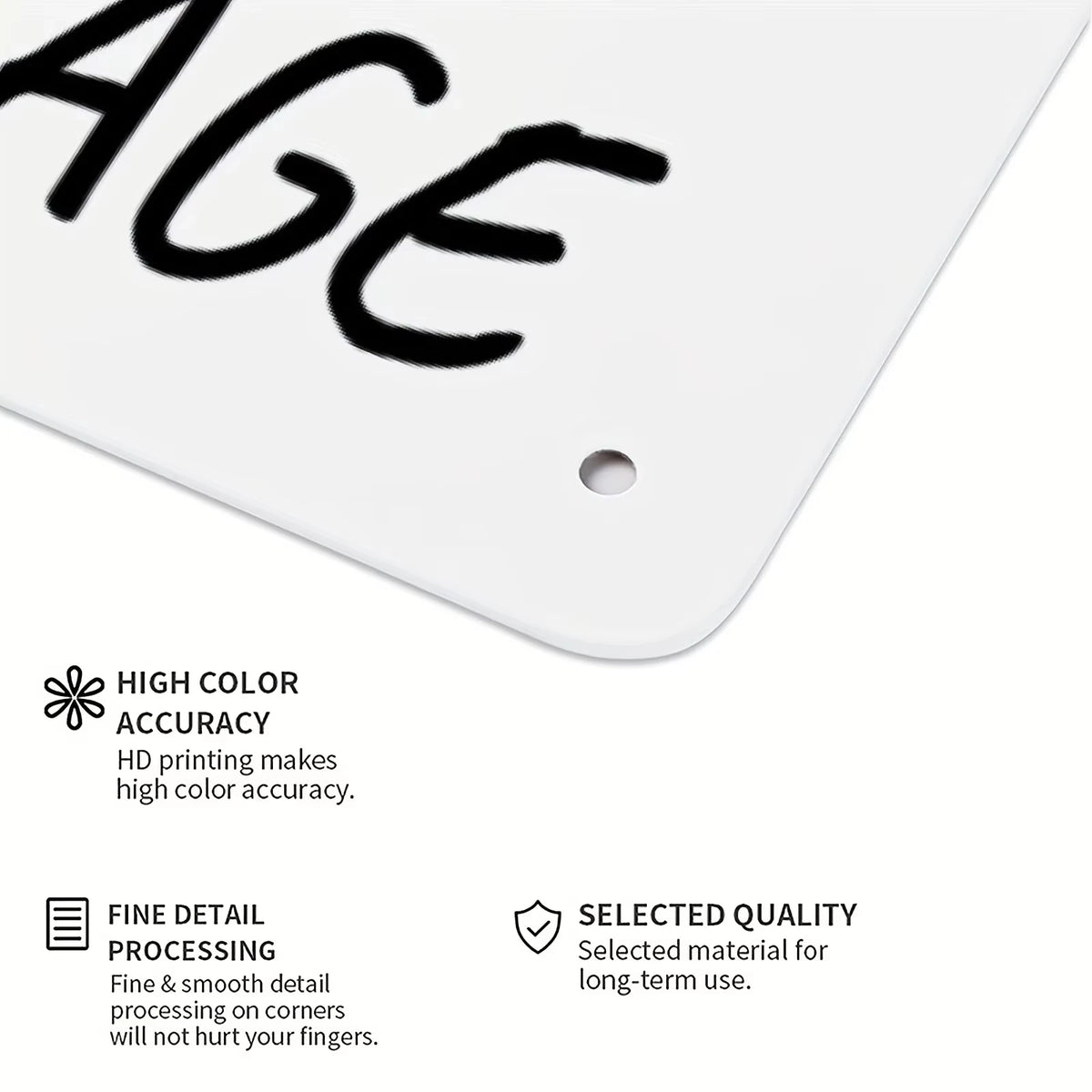 A white metal wall sign with the word AGE engraved on it, showing details about high color accuracy and fine detail processin
