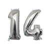 Silver foil number balloons shaped like the numbers 1 and 4 for a birthday party