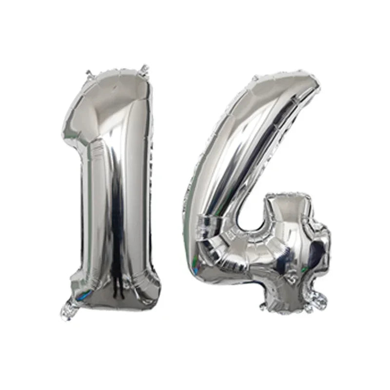 Silver foil number balloons shaped like the numbers 1 and 4 for a birthday party
