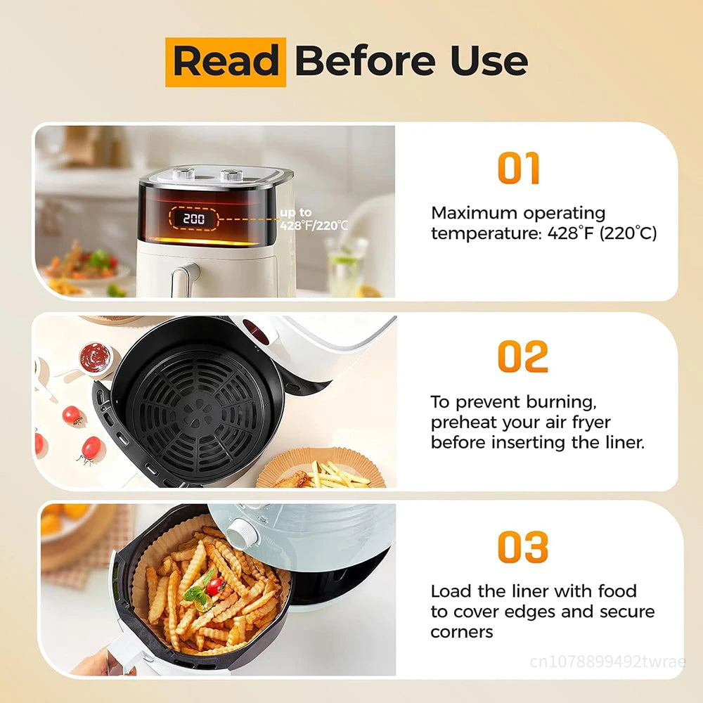 A set of disposable round air fryer paper liners is shown with instructions for safe operation.