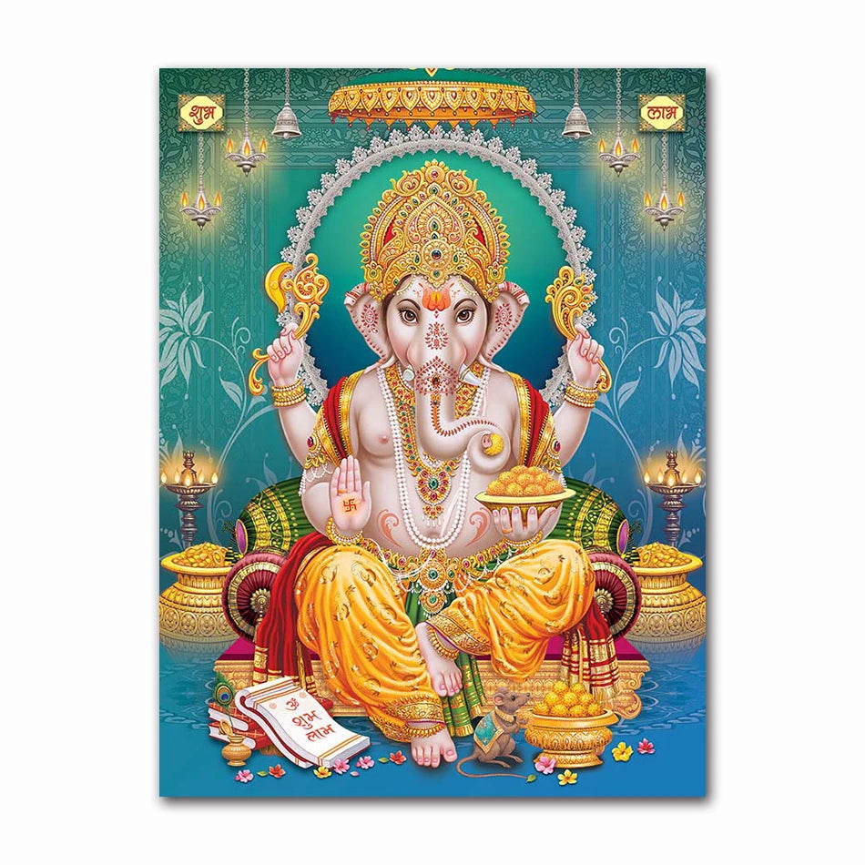 A vibrant canvas art print depicting Lord Ganesha in a regal pose surrounded by divine elements.