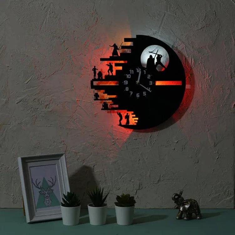 A black vinyl record shaped wall lamp with a glowing face and clock design mounted on a gray wall.