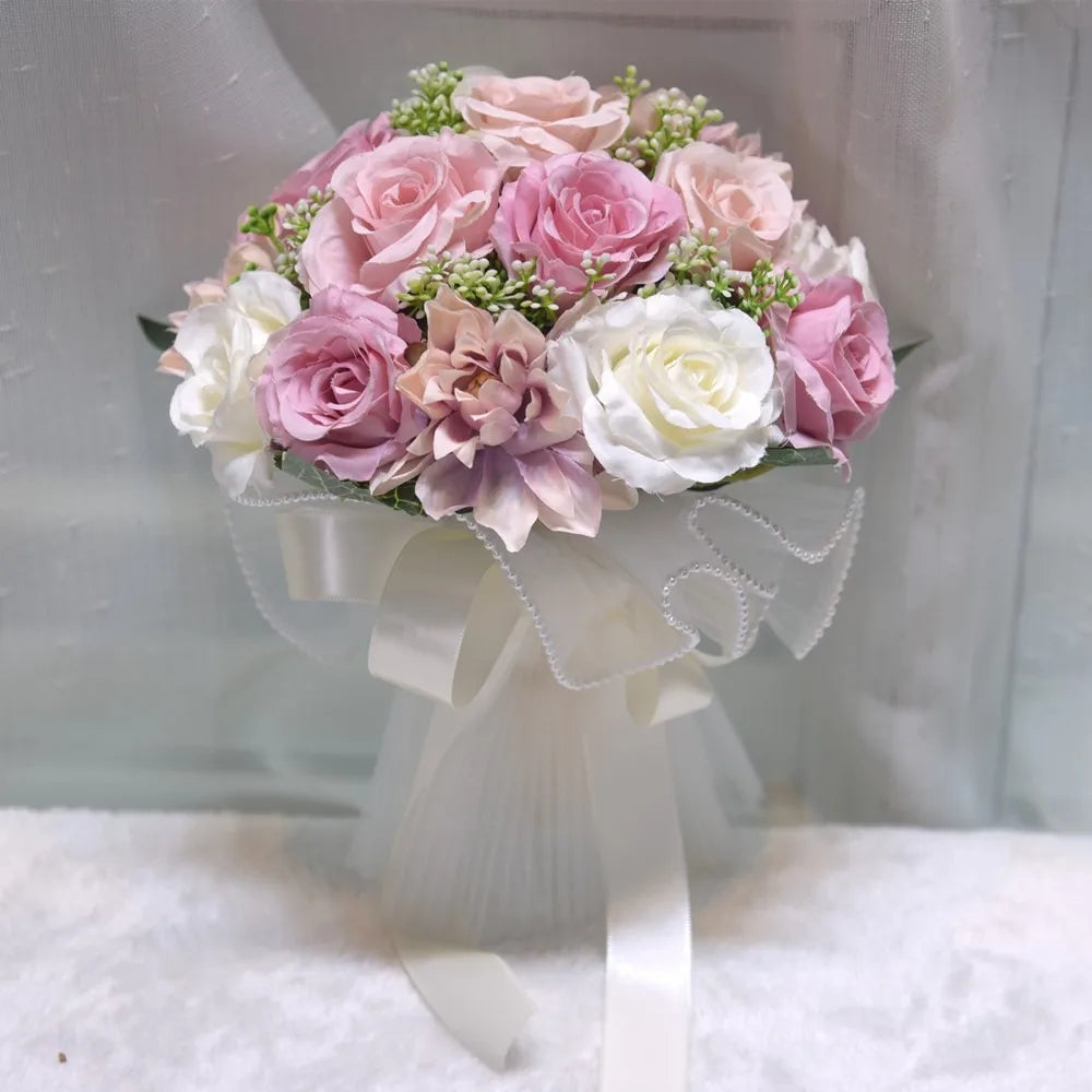 Elegant Silk Rose Bridal Bouquet with Baby's Breath
