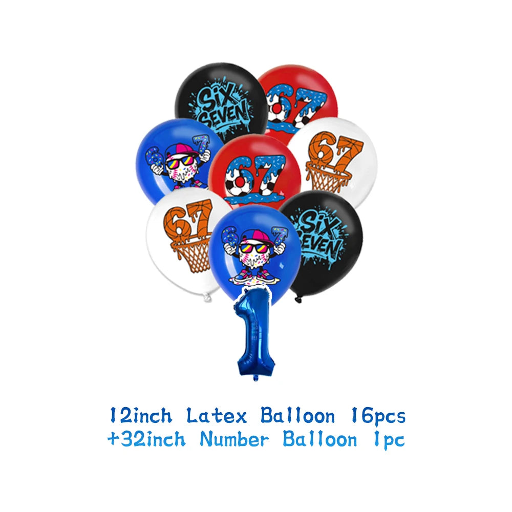 A set of 16 latex balloons featuring numbers six and seven for a birthday party decoration