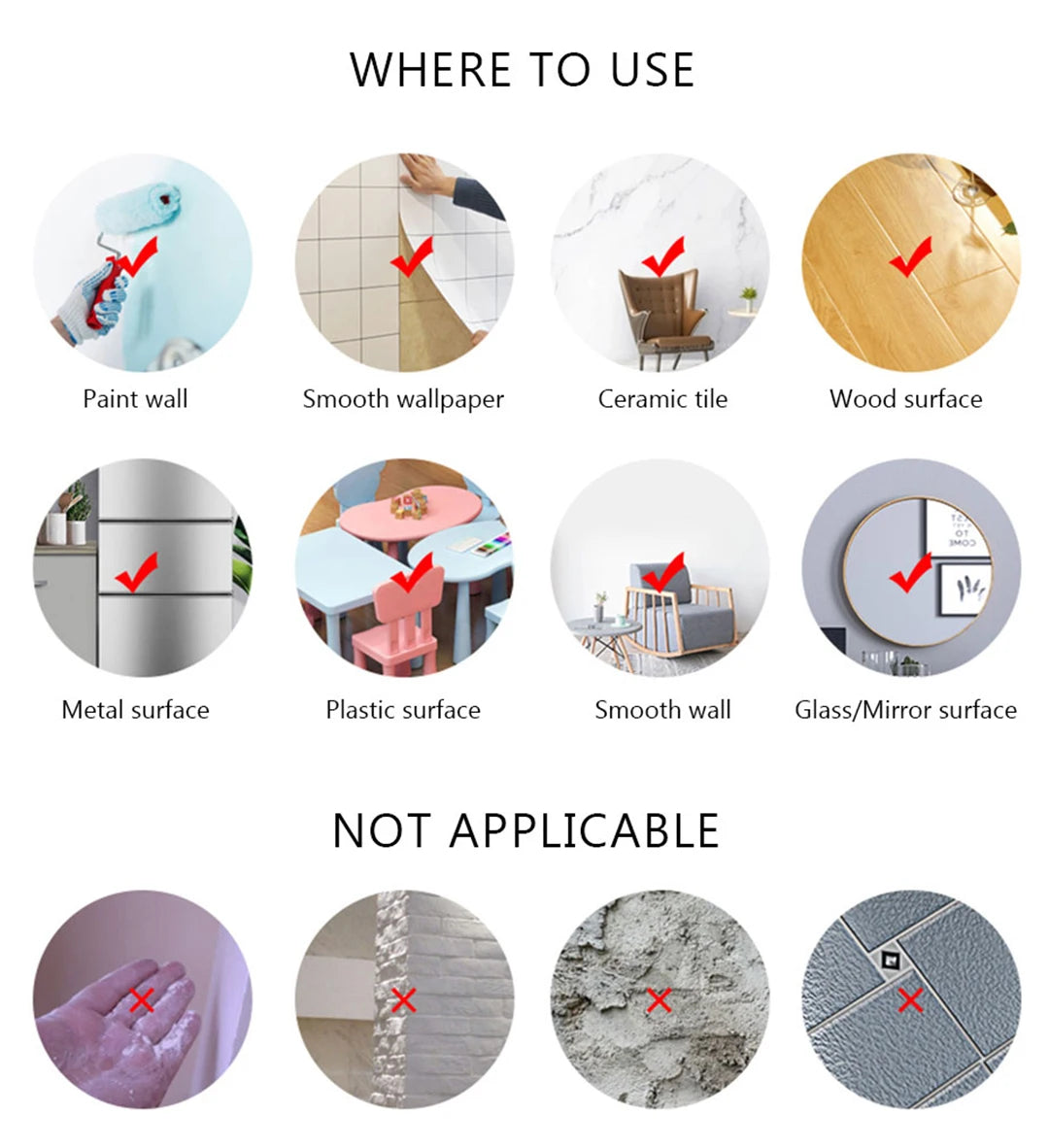 Guide showing where to use funny cartoon trash can stickers on various surfaces like paint, tile, wood, metal, plastic, and g