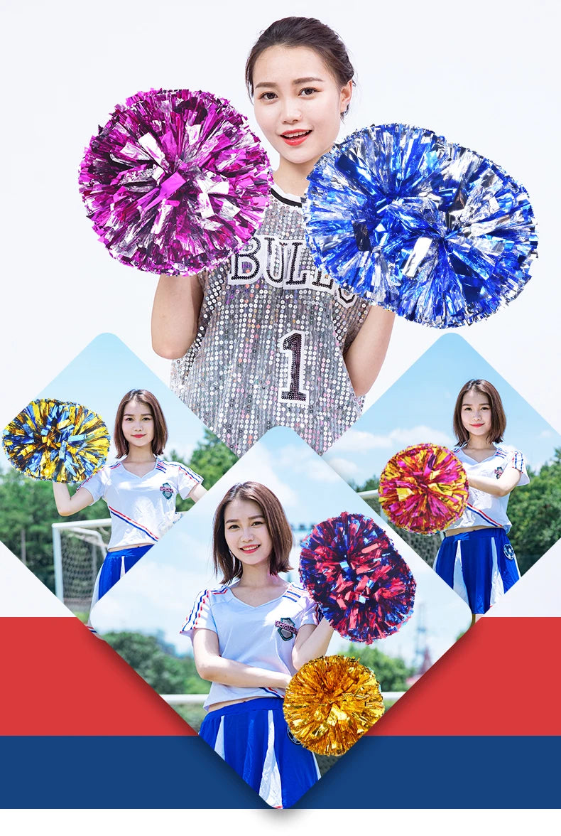 A young woman holds several vibrant pom poms in various colors including purple, blue, and gold.
