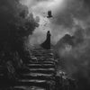 A dramatic black and white image of a stone staircase leading toward a bright moon, with silhouettes of birds and a solitary 