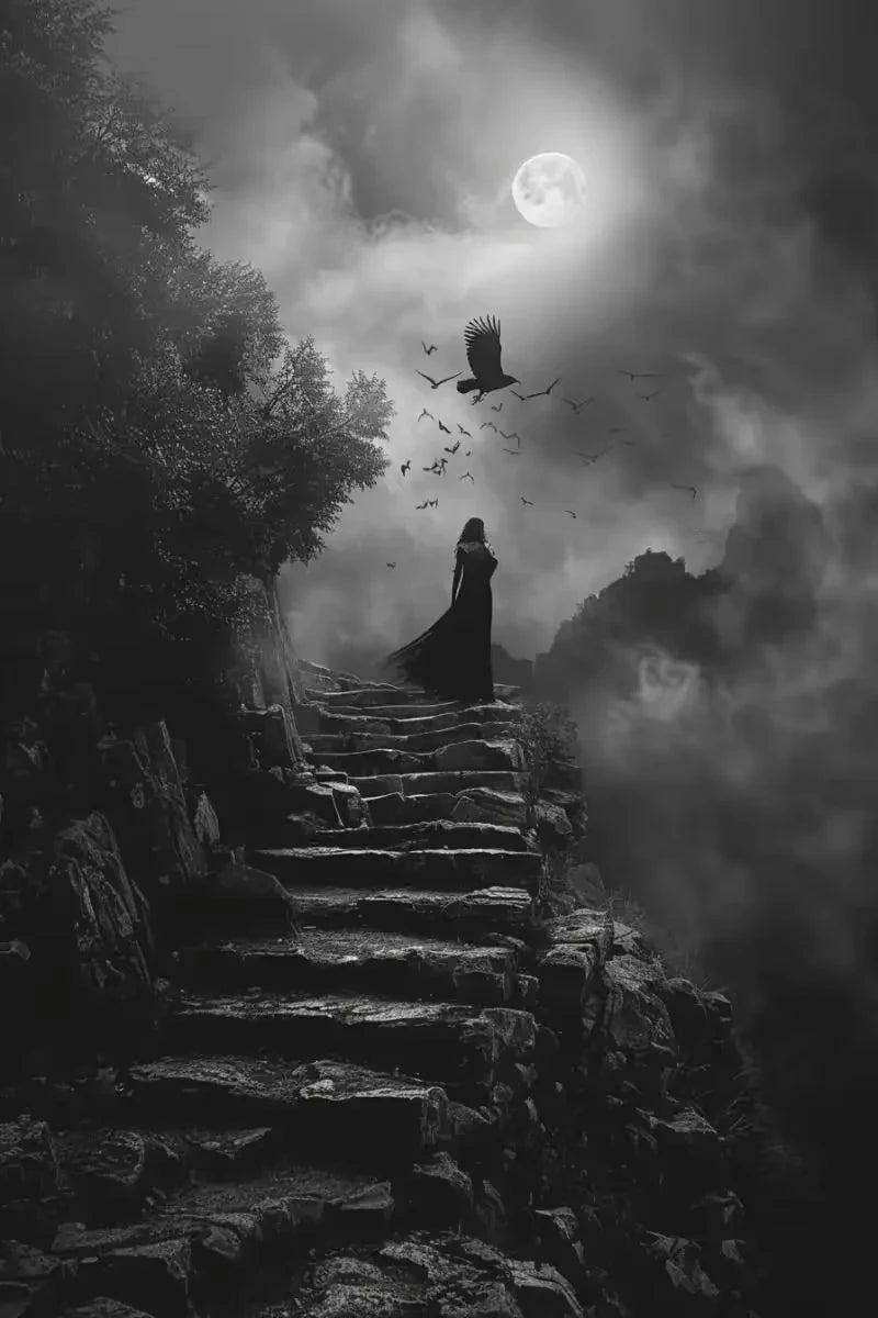 A dramatic black and white image of a stone staircase leading toward a bright moon, with silhouettes of birds and a solitary 