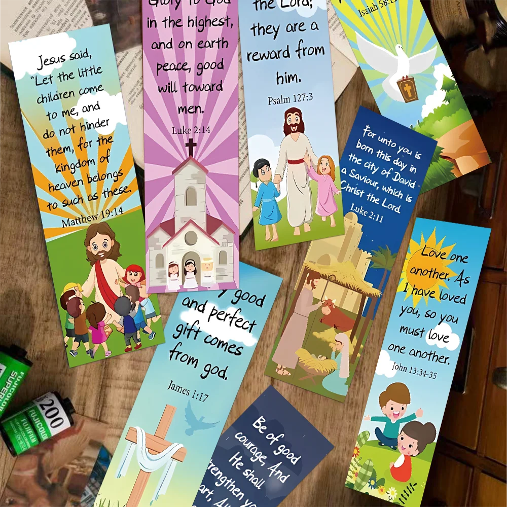 A collection of inspirational Bible verse bookmarks featuring various scripture passages and illustrations.