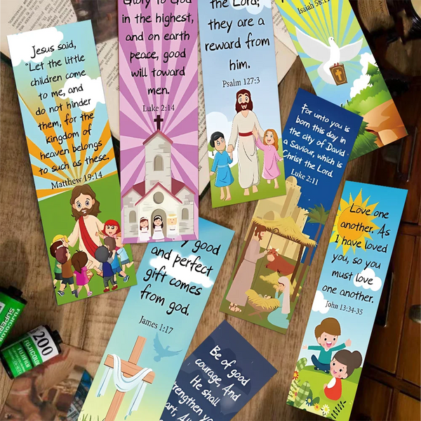 A collection of inspirational Bible verse bookmarks featuring various scripture passages and illustrations.