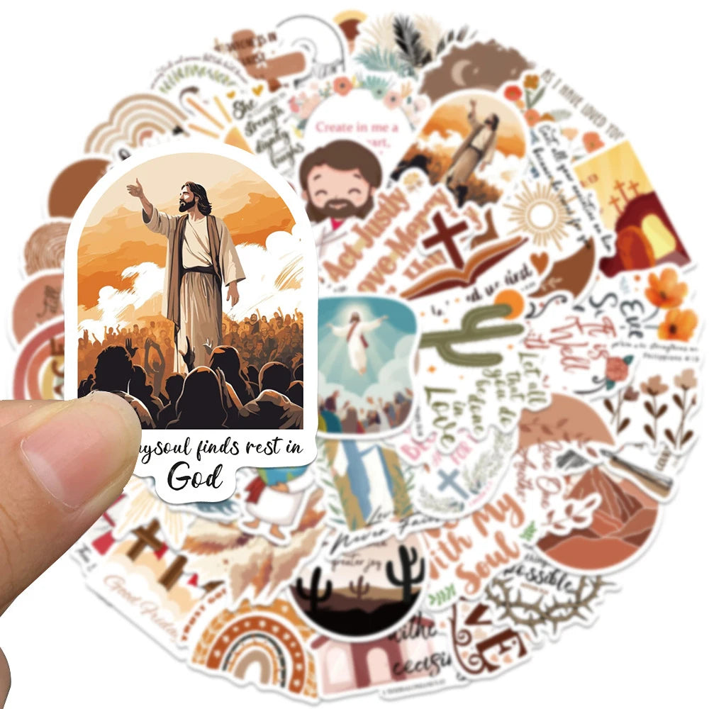 A circular collage of Christian faith and spiritual themes including Jesus, crosses, and inspirational text.