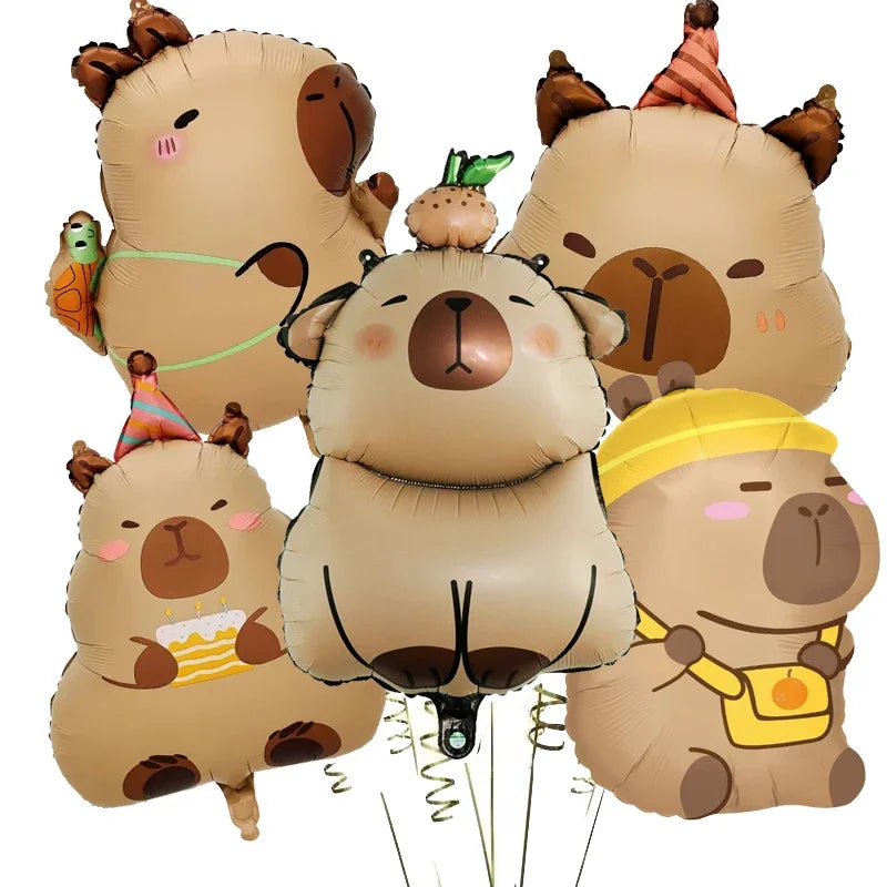 A set of cartoon capybara foil balloons in various colors and styles for parties.