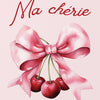 A watercolor illustration of a pink bow tied with red cherries on a pale pink background.