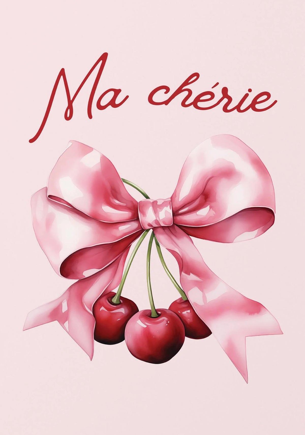 A watercolor illustration of a pink bow tied with red cherries on a pale pink background.
