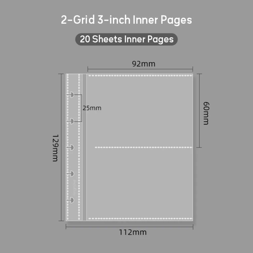 A sheet of 3-inch inner page for a 2-grid photo card organizer, showing its dimensions.