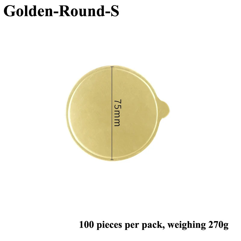 A round, metallic gold dessert cake board with a 75mm diameter is shown.
