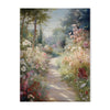 A painting of a sunlit path winding through lush spring flowers and trees with soft pink and white blossoms.