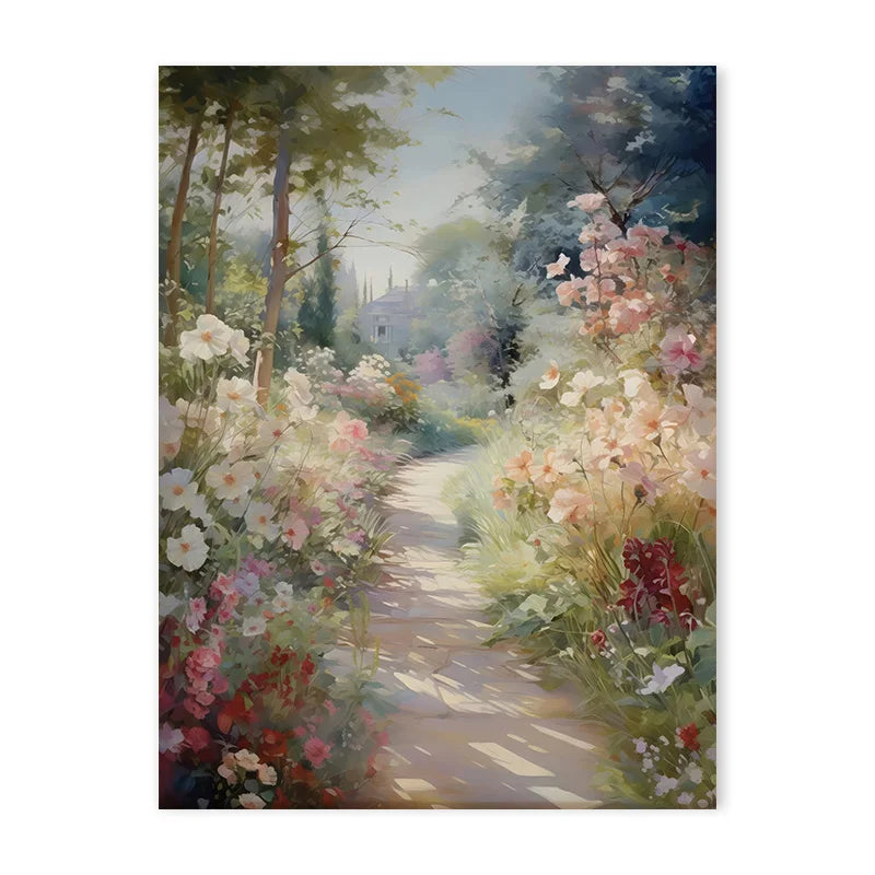 A painting of a sunlit path winding through lush spring flowers and trees with soft pink and white blossoms.