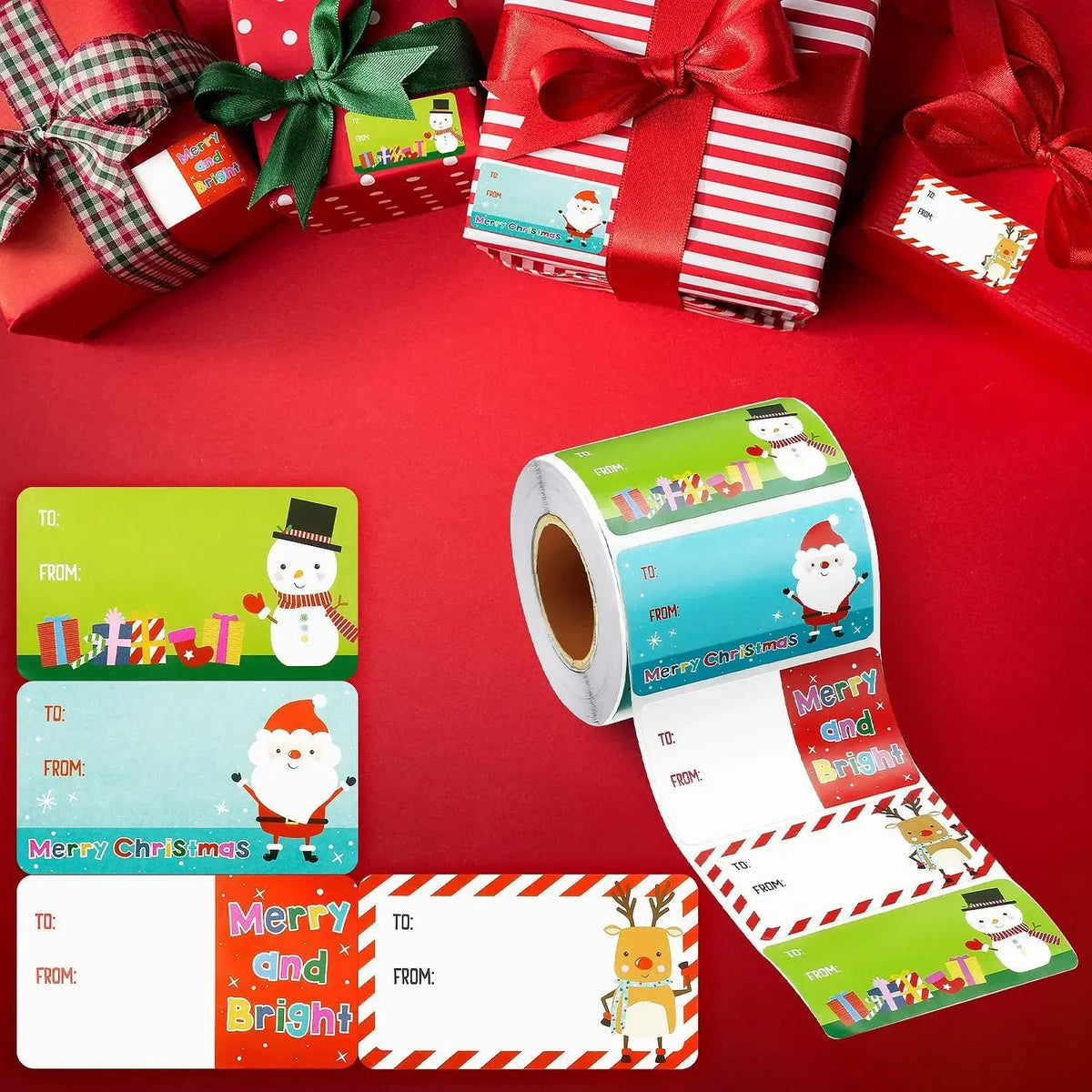 A collection of colorful Merry Christmas decorative stickers for gift wrapping and tags displayed on a red background.