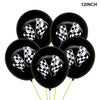 Twelve inch black balloon featuring a white and black checkered race car design for party decorations