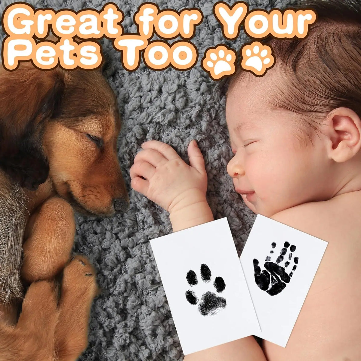 A baby is gently touching a black ink paw print on a white card next to a dog's paw.