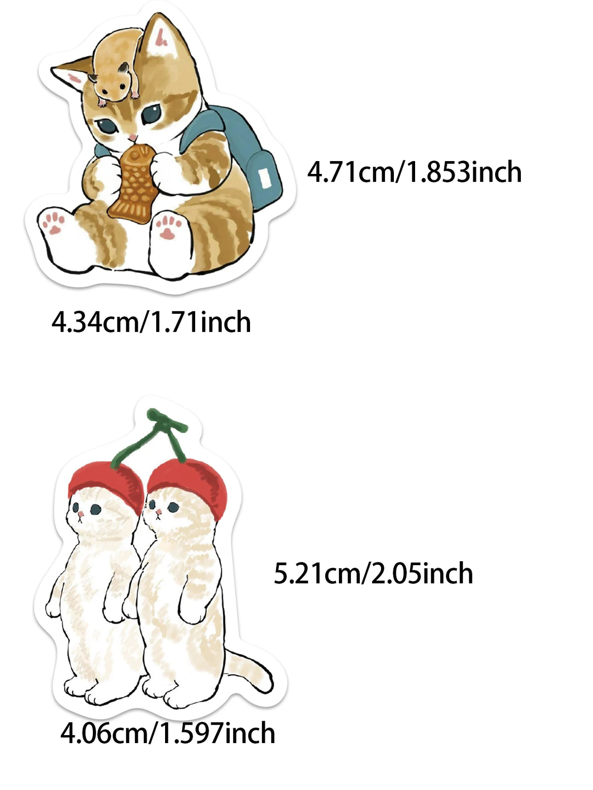 A set of stickers featuring a cat and two small white cats.