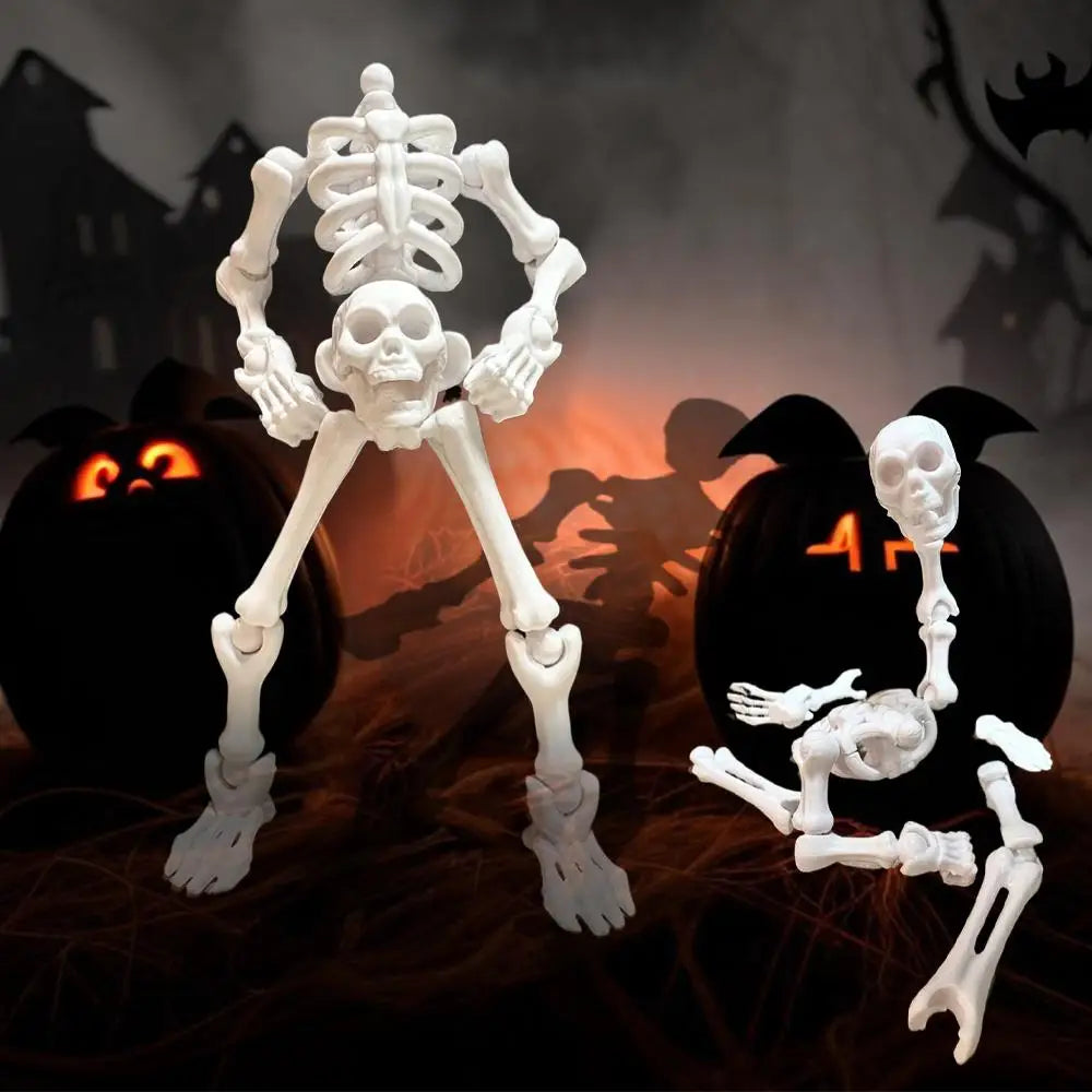 A white plastic skeleton figurine standing upright in front of a carved pumpkin and shadowy figures.