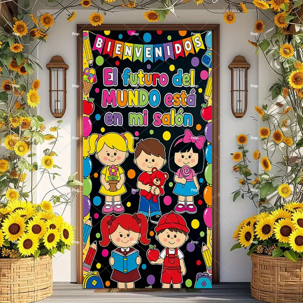 A colorful door banner featuring cartoon children welcoming students to school