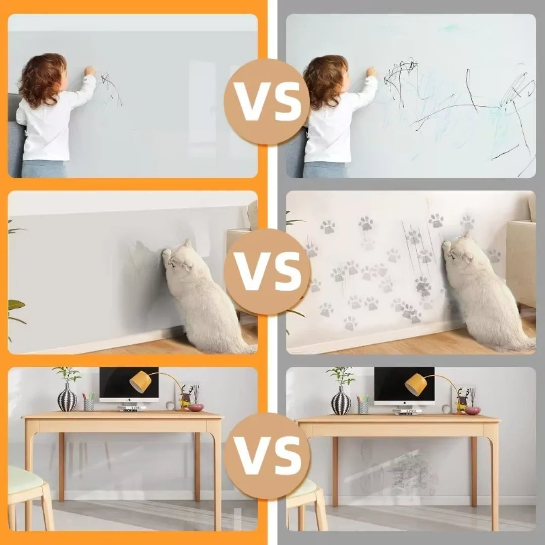 Comparison image showing removable frosted glass window film for privacy and decor versus a cat and a wooden desk.