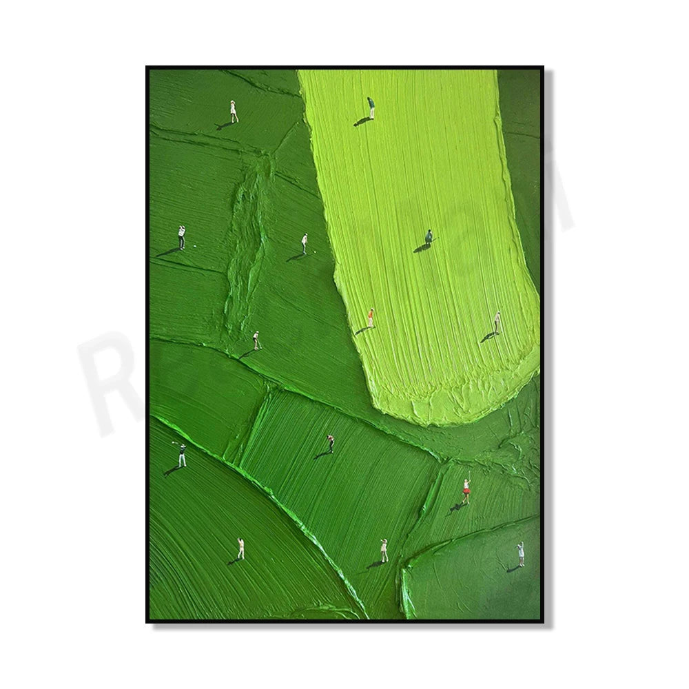 Abstract canvas art depicting a vibrant green golf scene with small figures on a textured surface.
