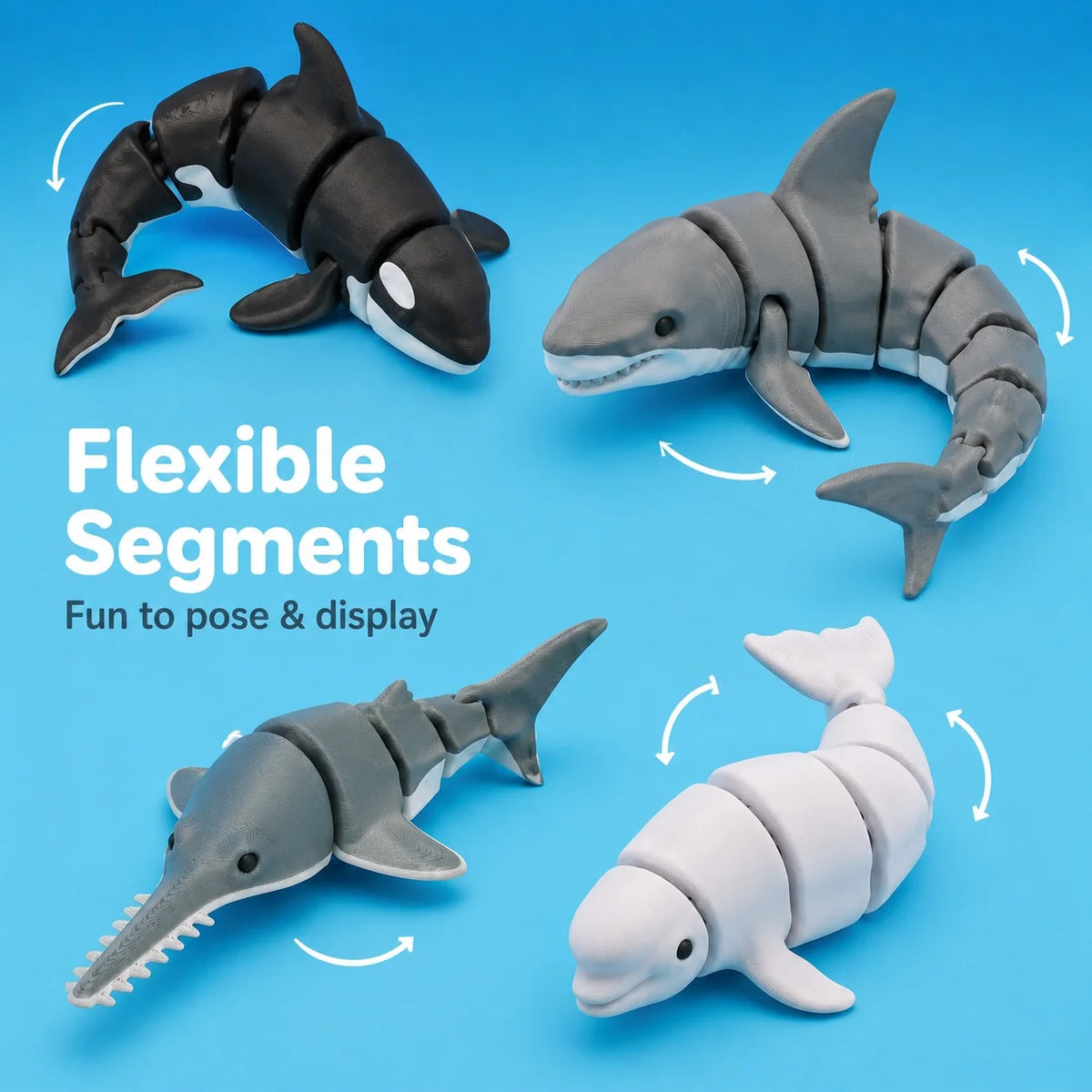 A set of flexible, articulated ocean animal figurines in gray and white, shown in various poses.