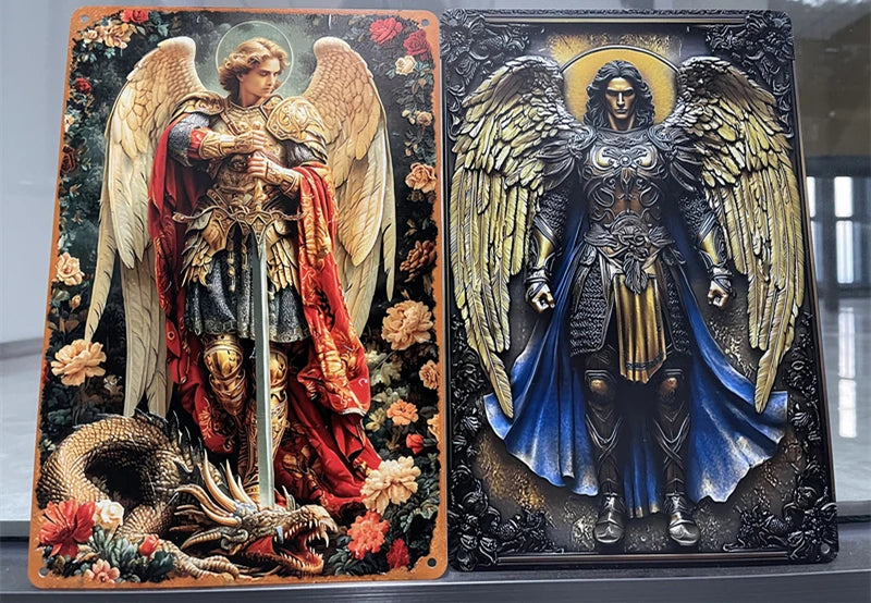A pair of metal wall art signs depicting angels and religious figures, including a depiction of the Virgin Mary and Jesus.