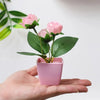 A hand holds a potted artificial pink rose plant with green leaves against a white background.