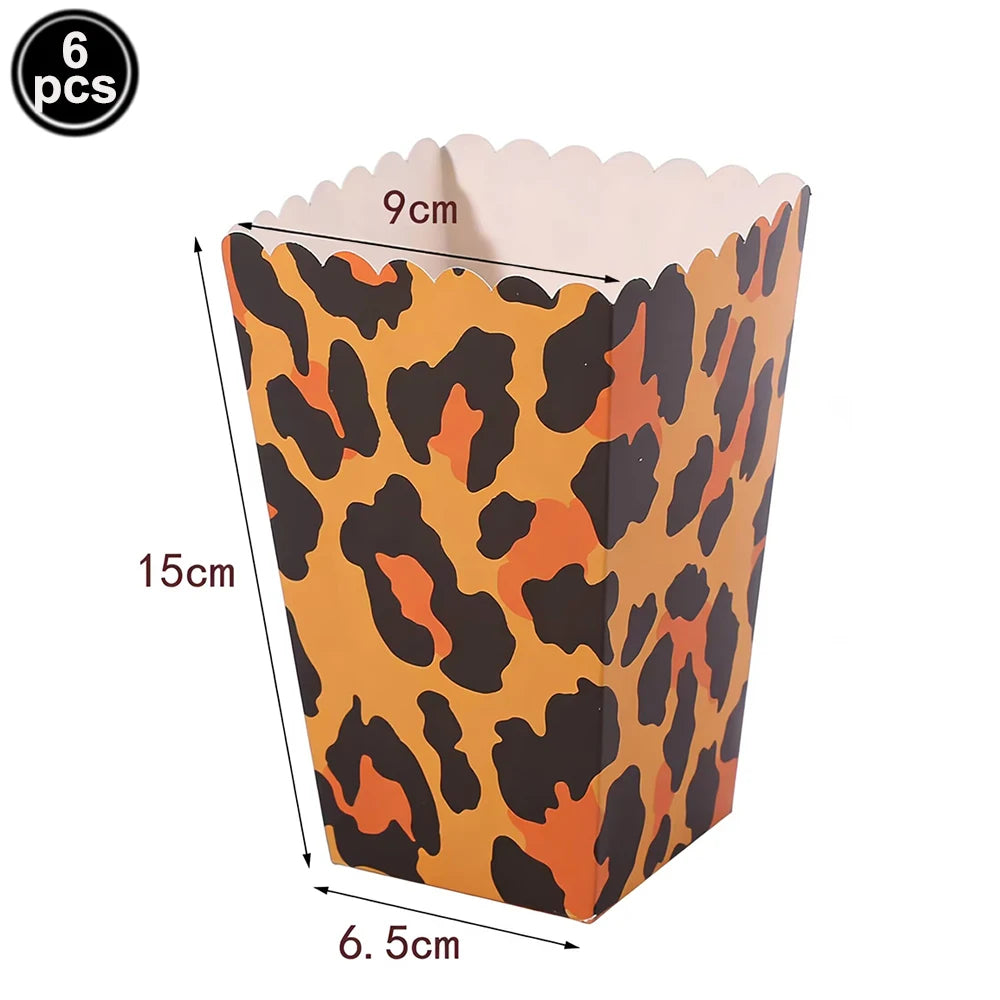 A set of six leopard print foil balloons with a 9cm height and 6.5cm base.